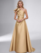 Celestia Maxi Dress by Lauven — satin one shoulder A-line maxi dress with bow