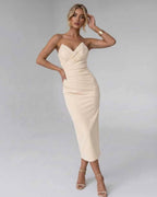 Serelle Midi Dress by Lauven — smooth stretch strapless sweetheart neck fitted midi dress
