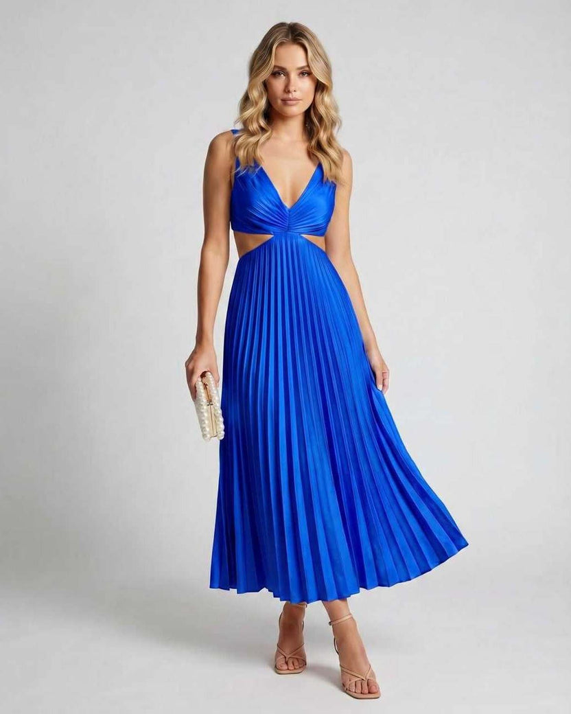 Lunara Midi Dress by Lauven — blue satin sleeveless V-neck flowing pleated midi dress