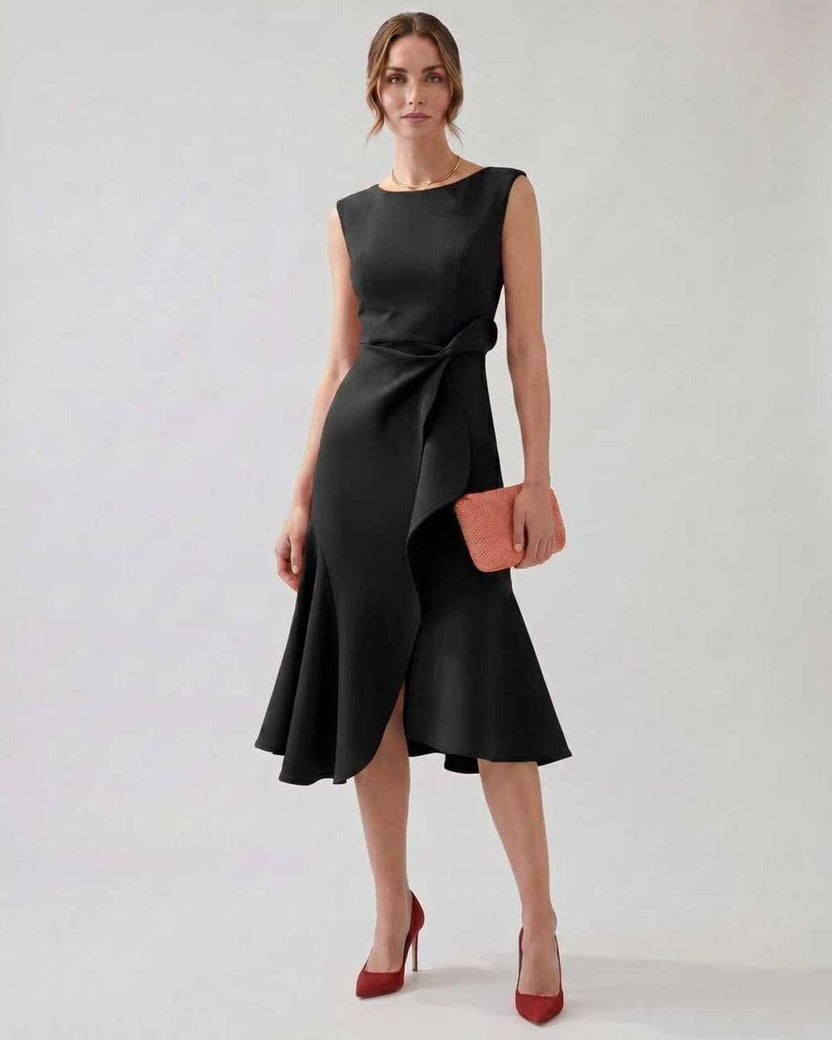 Serelune Midi Dress by Lauven — black sleeveless satin midi dress with ruffle detail and fit flare silhouette