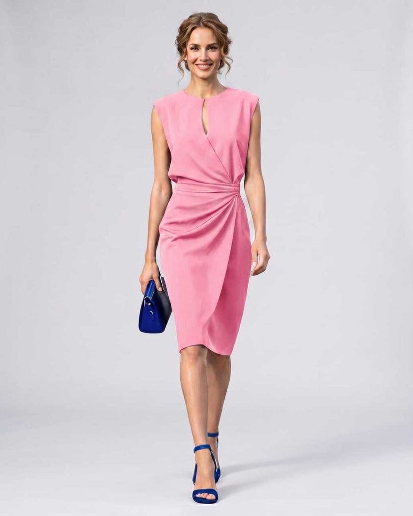 Velmira Midi Dress by Lauven — pink sleeveless keyhole wrap midi dress with ruched waist