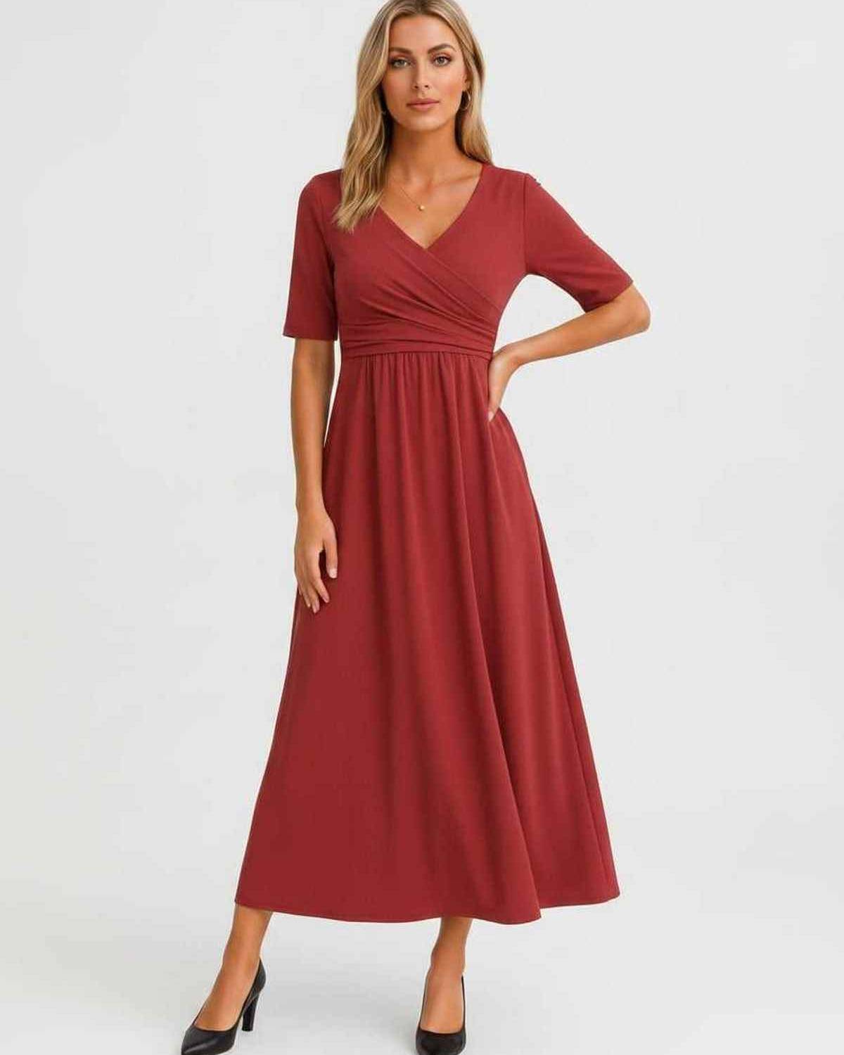 Velmira Midi Dress by Lauven — soft stretch short sleeve V-neck A-line midi dress
