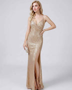 Celeste Maxi Dress by Lauven — sequin sleeveless V-neck mermaid maxi dress with spaghetti straps and front slit