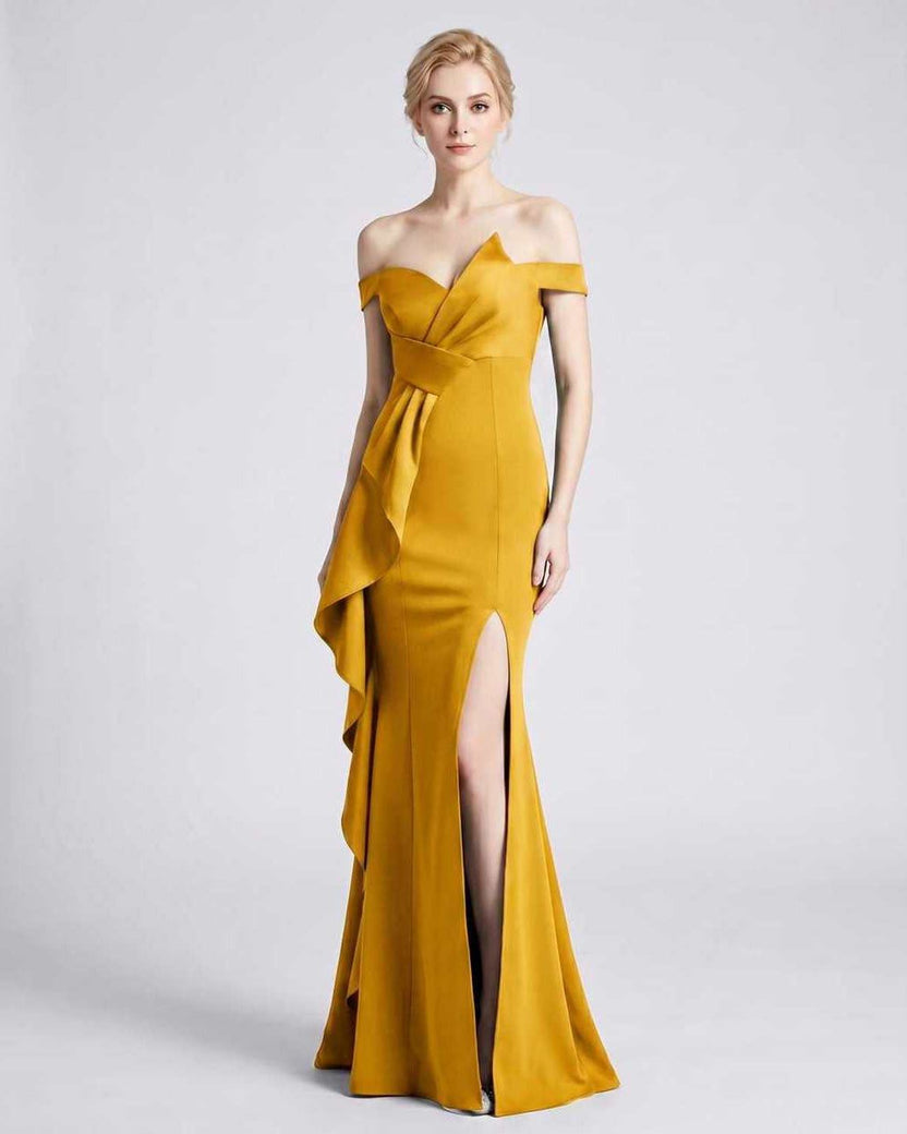 Veloura Maxi Dress by Lauven — yellow polyester spandex off-the-shoulder mermaid maxi dress with slit