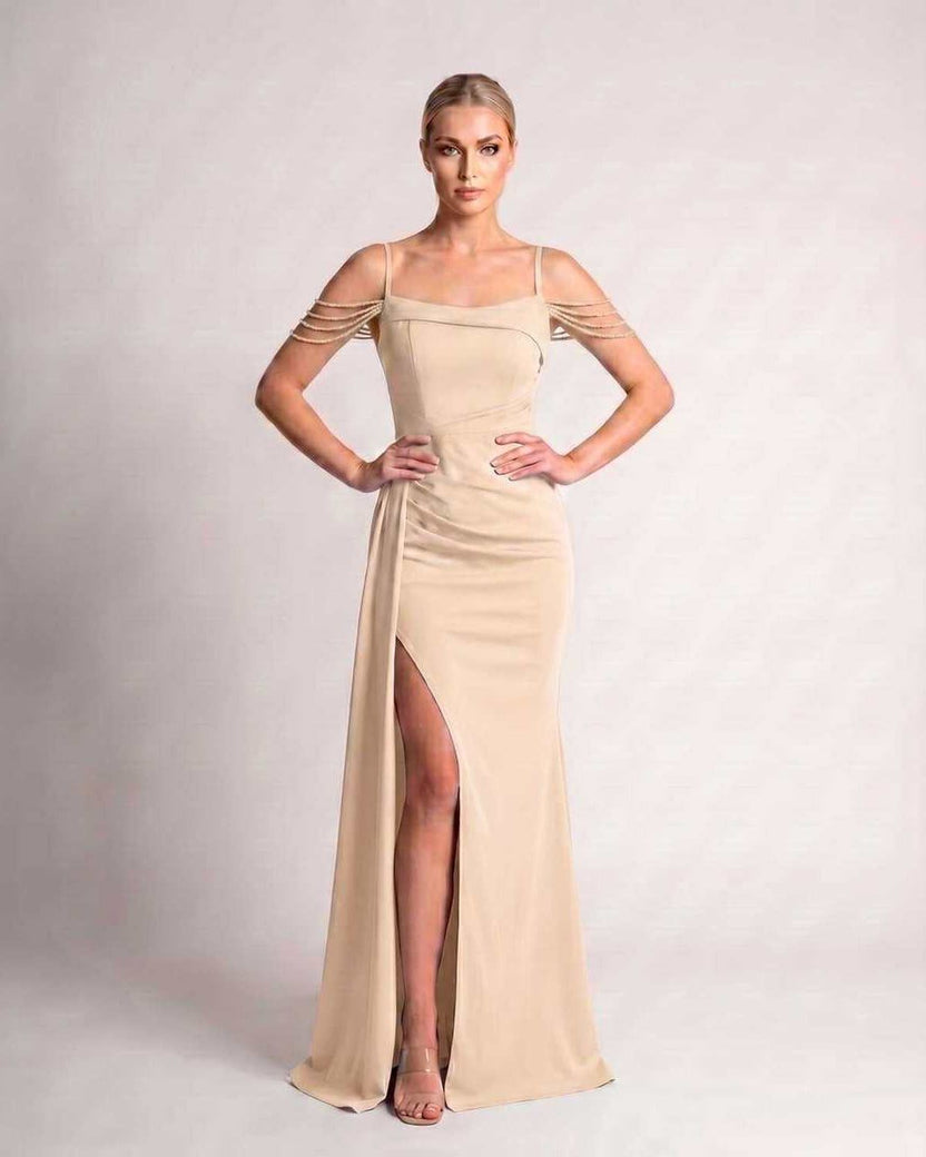 Celestia Maxi Dress by Lauven — beige polyester spaghetti strap mermaid maxi dress with beading and split