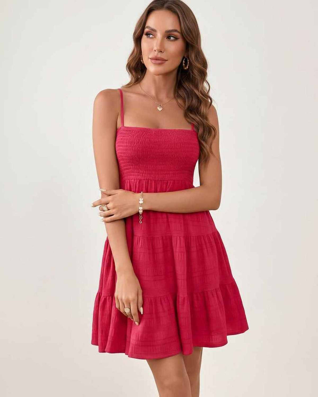 Solara Mini Dress by Lauven — textured sleeveless square neck tiered swing mini dress