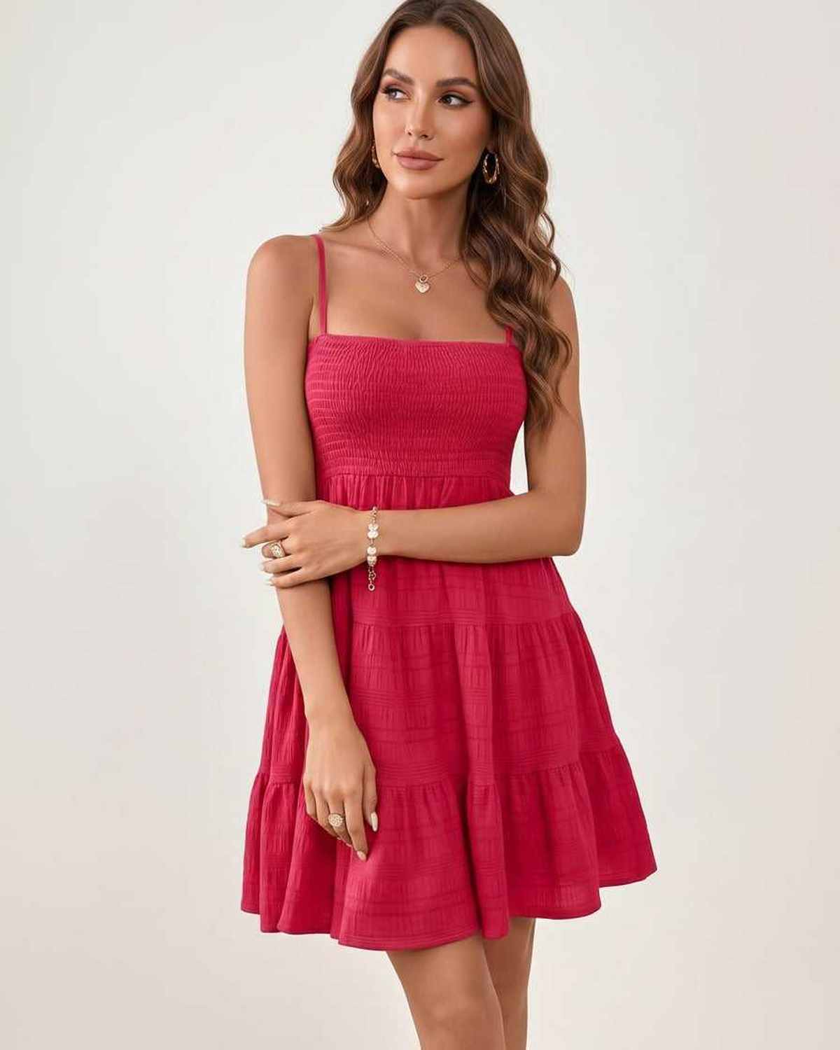 Solara Mini Dress by Lauven — textured sleeveless square neck tiered swing mini dress