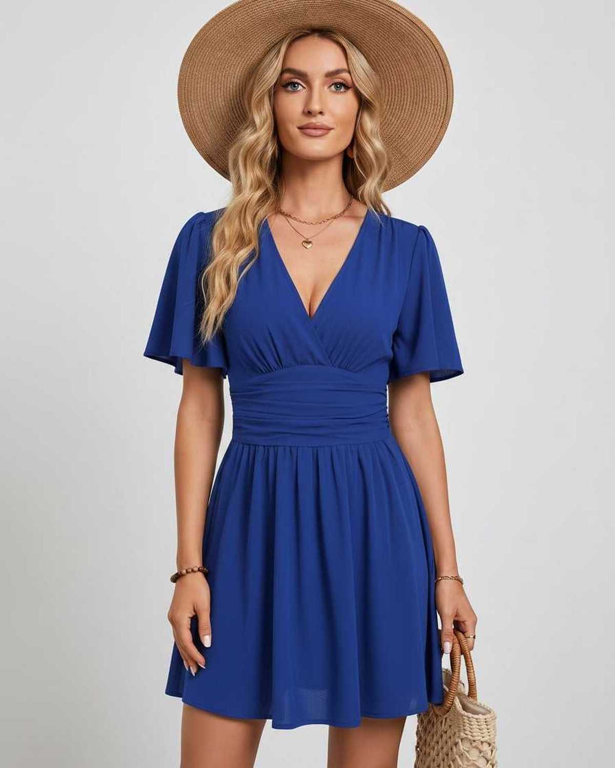 Calista Mini Dress by Lauven — chiffon ruffled short sleeve V-neck A-line mini dress