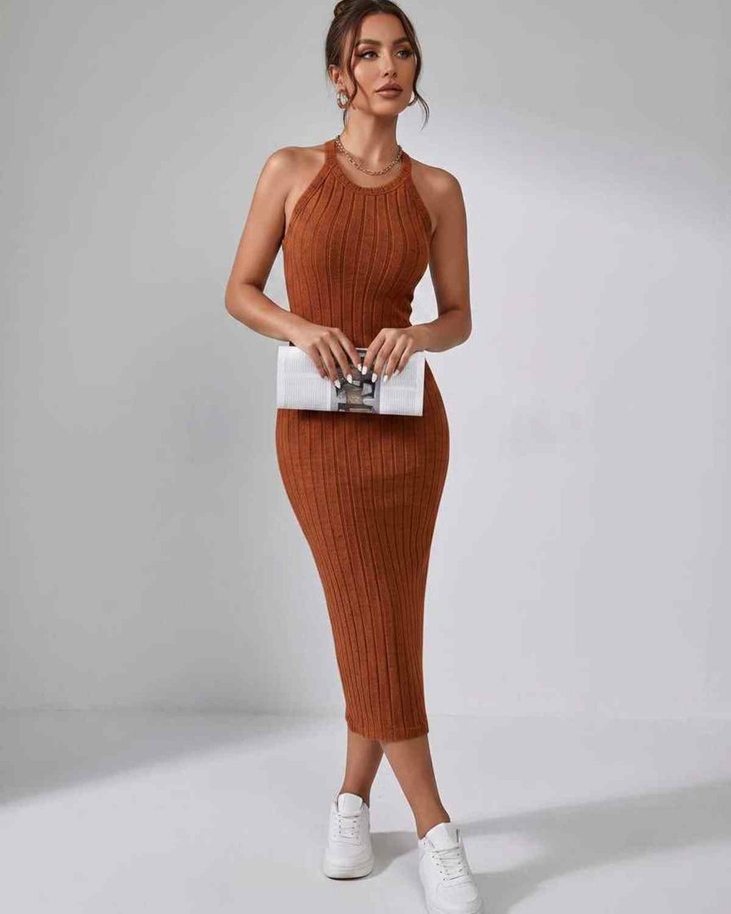 Lunara Midi Dress by Lauven — ribbed knit sleeveless crew neck slim-fit midi dress