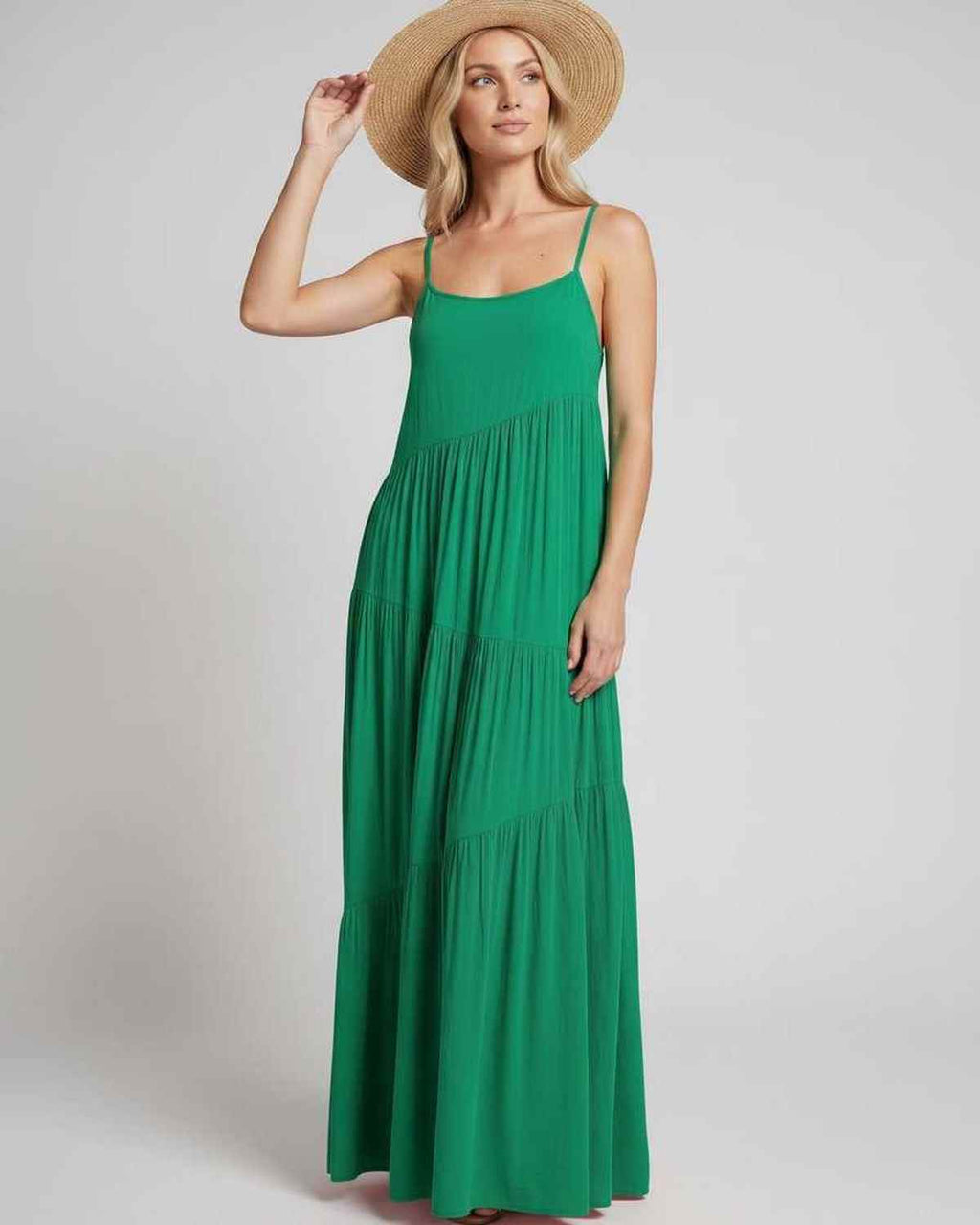 Solenne Maxi Dress by Lauven — rayon blend sleeveless scoop neck tiered A-line maxi dress