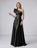 Aurevina Maxi Dress by Lauven — satin one shoulder A-line maxi dress with ruffle detail