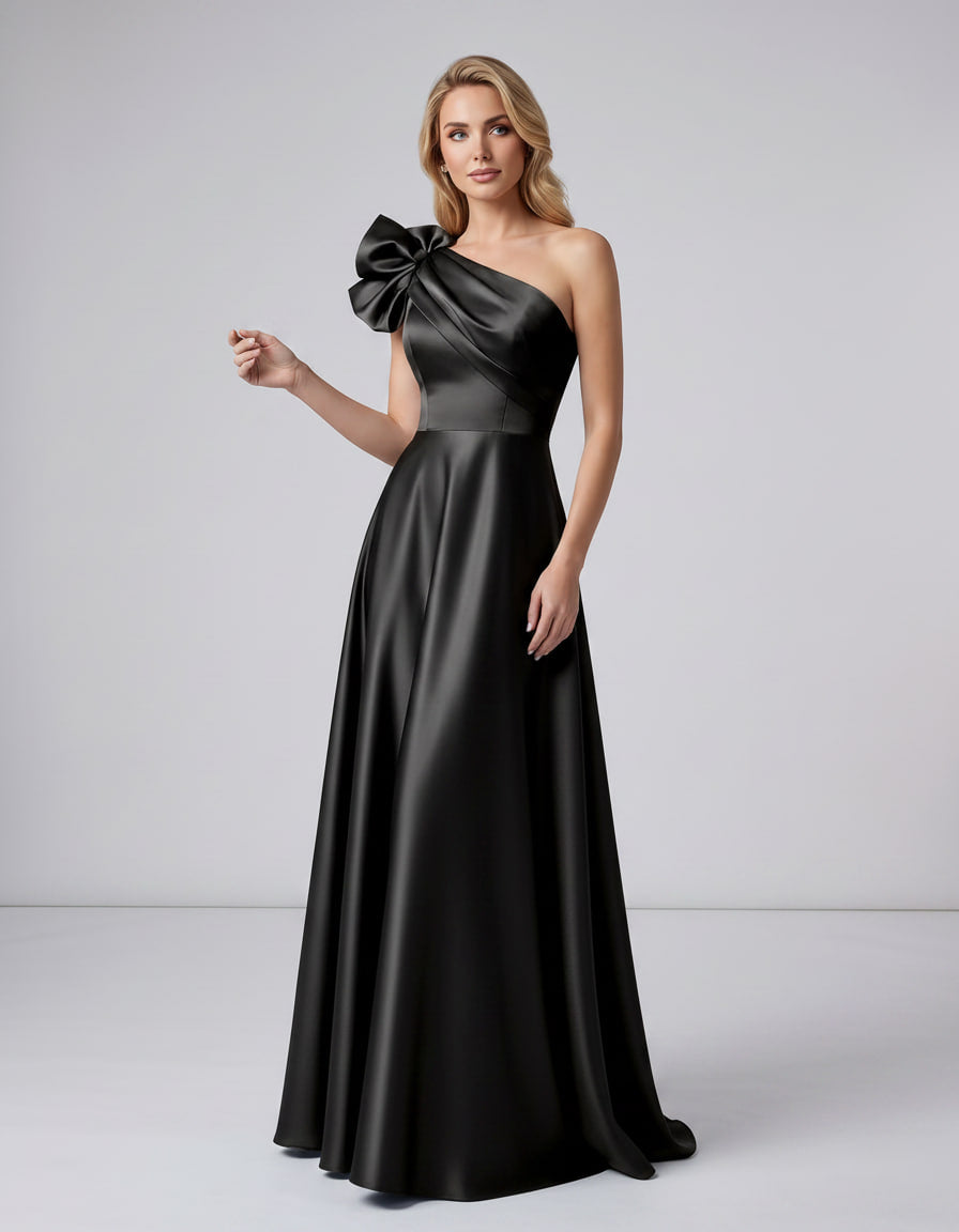 Aurevina Maxi Dress by Lauven — satin one shoulder A-line maxi dress with ruffle detail