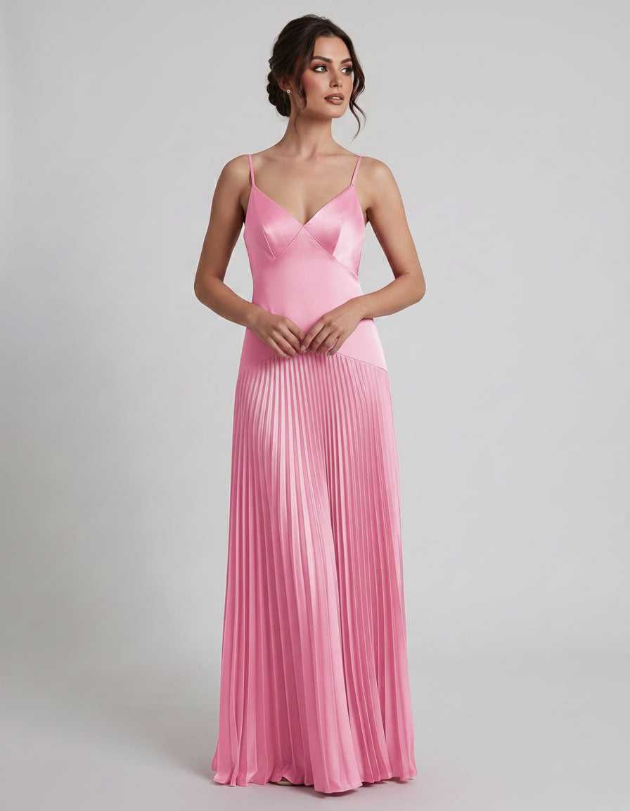 Veloura Maxi Dress by Lauven — satin spaghetti strap V-neck A-line maxi dress
