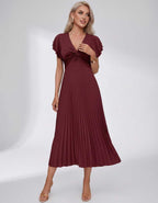 Veloura Midi Dress by Lauven — pleated chiffon flutter sleeve V-neck A-line midi dress
