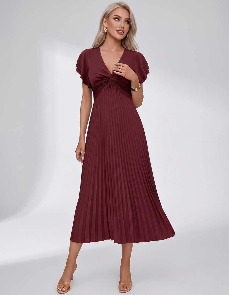 Veloura Midi Dress by Lauven — pleated chiffon flutter sleeve V-neck A-line midi dress