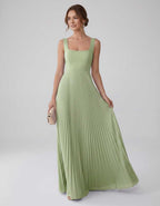 Veloura Maxi Dress by Lauven — satin chiffon sleeveless square neck pleated A-line maxi dress