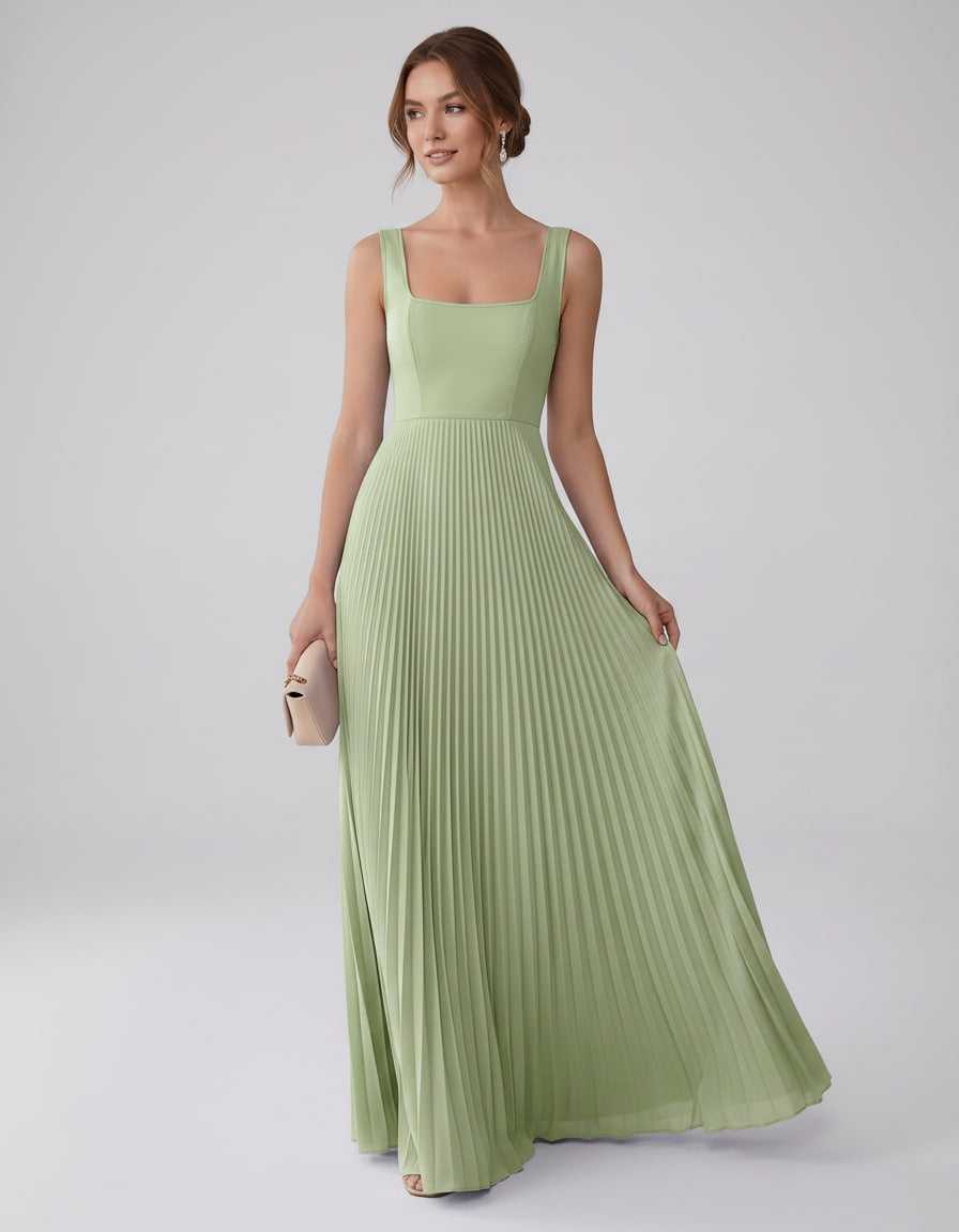 Veloura Maxi Dress by Lauven — satin chiffon sleeveless square neck pleated A-line maxi dress