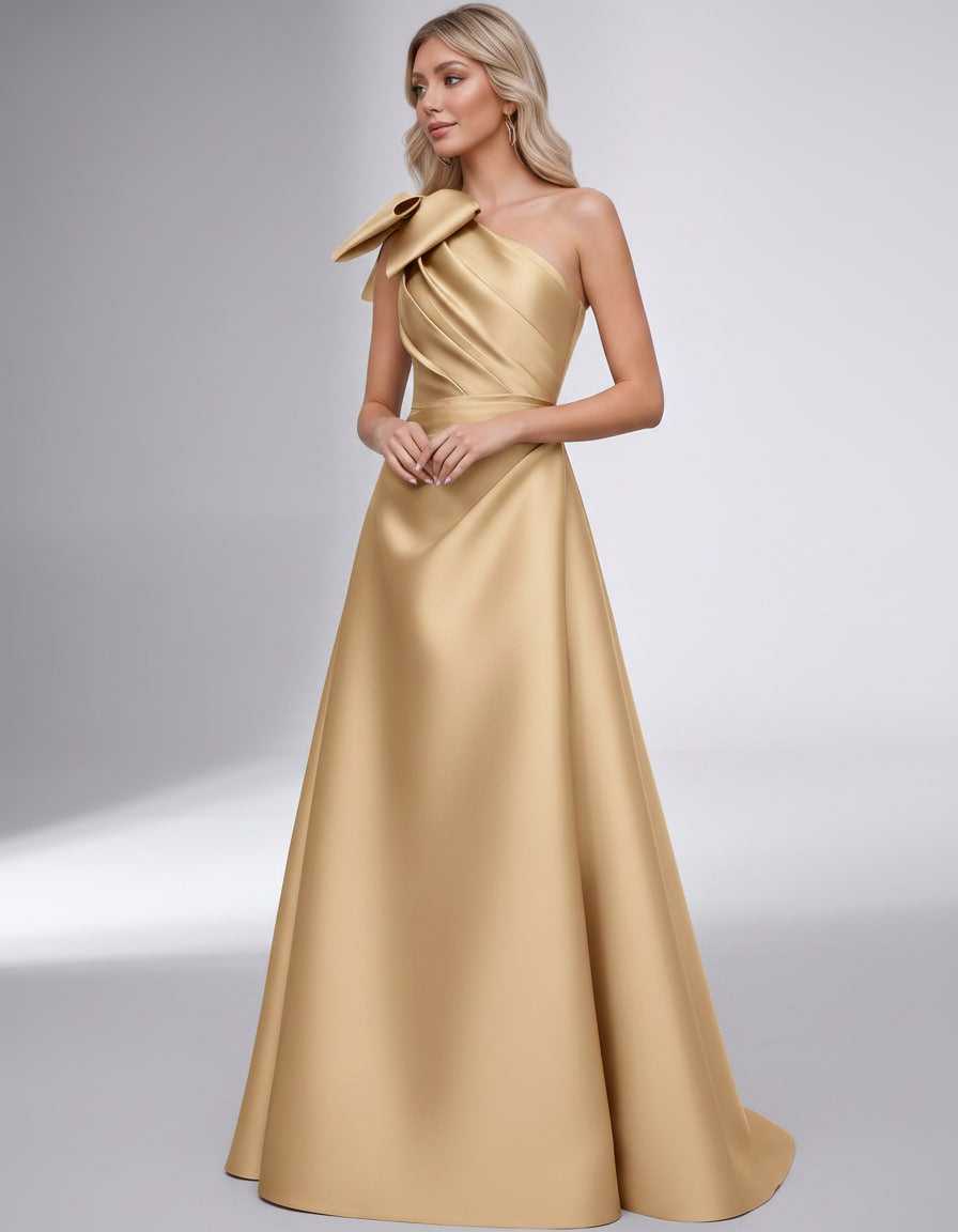 Celestia Maxi Dress by Lauven — satin one shoulder A-line maxi dress with bow