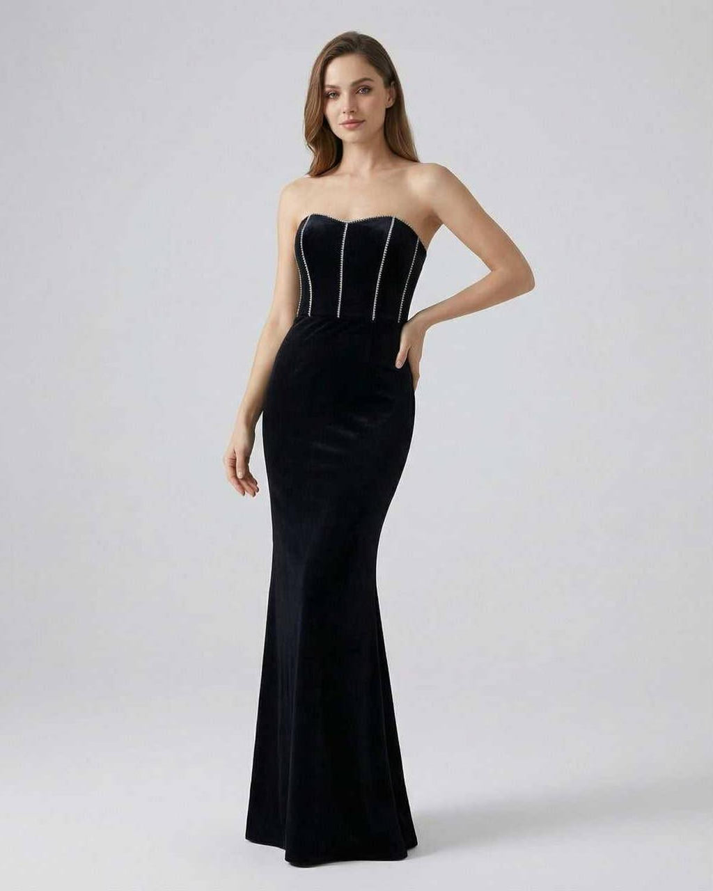 Celeste Maxi Dress by Lauven, strapless black velvet evening gown, showcasing elegance and a flattering silhouette.