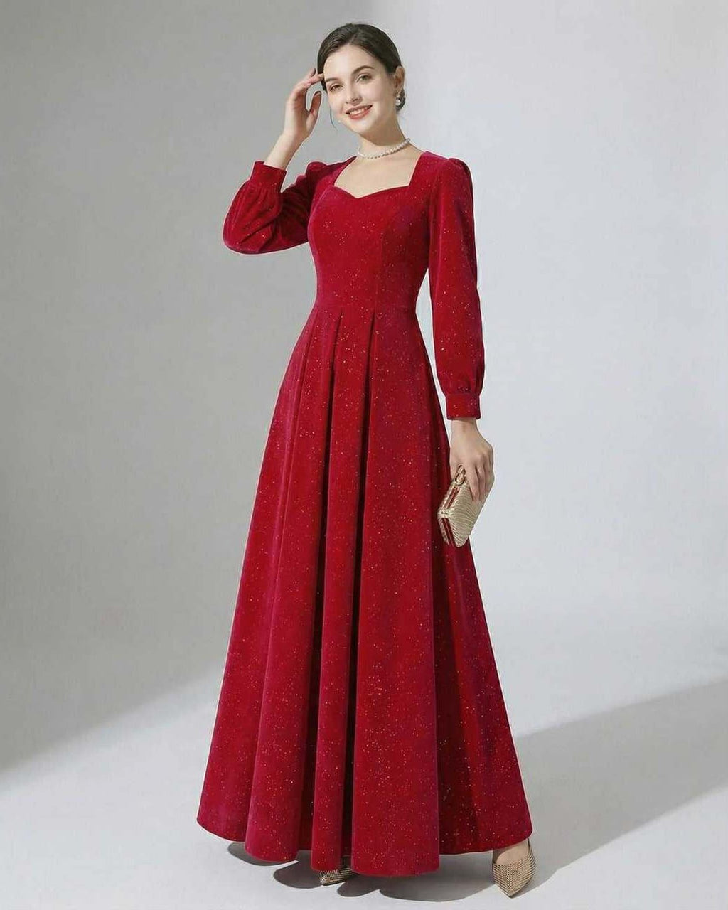 Celeste Maxi Dress by Lauven - Elegant red A-line velvet gown with puff sleeves and glitter accents.