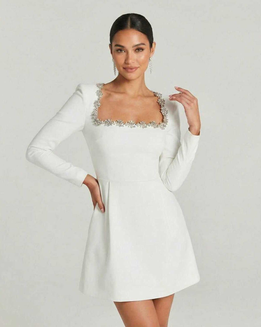 Serena Mini Dress by Lauven, featuring elegant square collar and A-line silhouette in white.