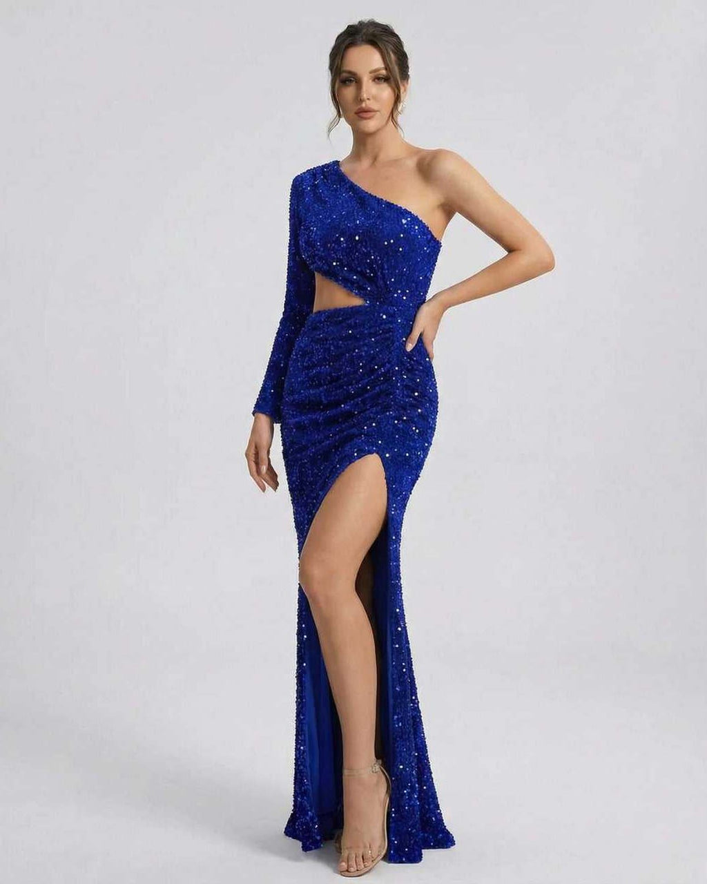 Celeste Maxi Dress by Lauven, Luxe Blue Velvet Sequin One-Shoulder Evening Gown with a chic silhouette.