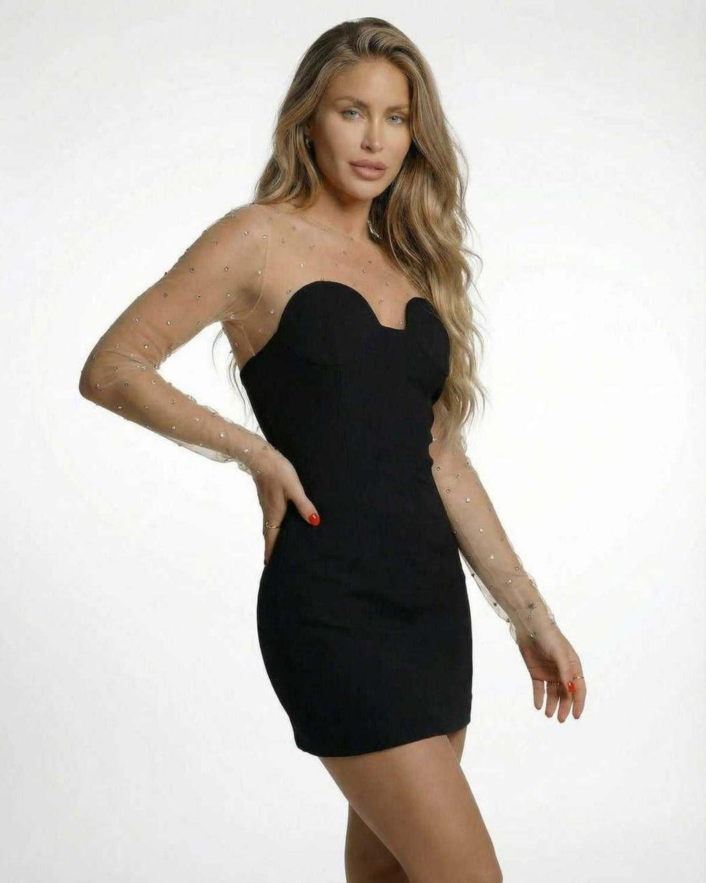 Eestella Mini Dress by Lauven featuring sheer embellished sleeves and a fitted black silhouette.