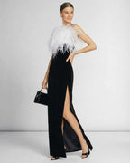 Celeste Maxi Dress by Lauven featuring feathered halter neckline and sleek black silhouette.