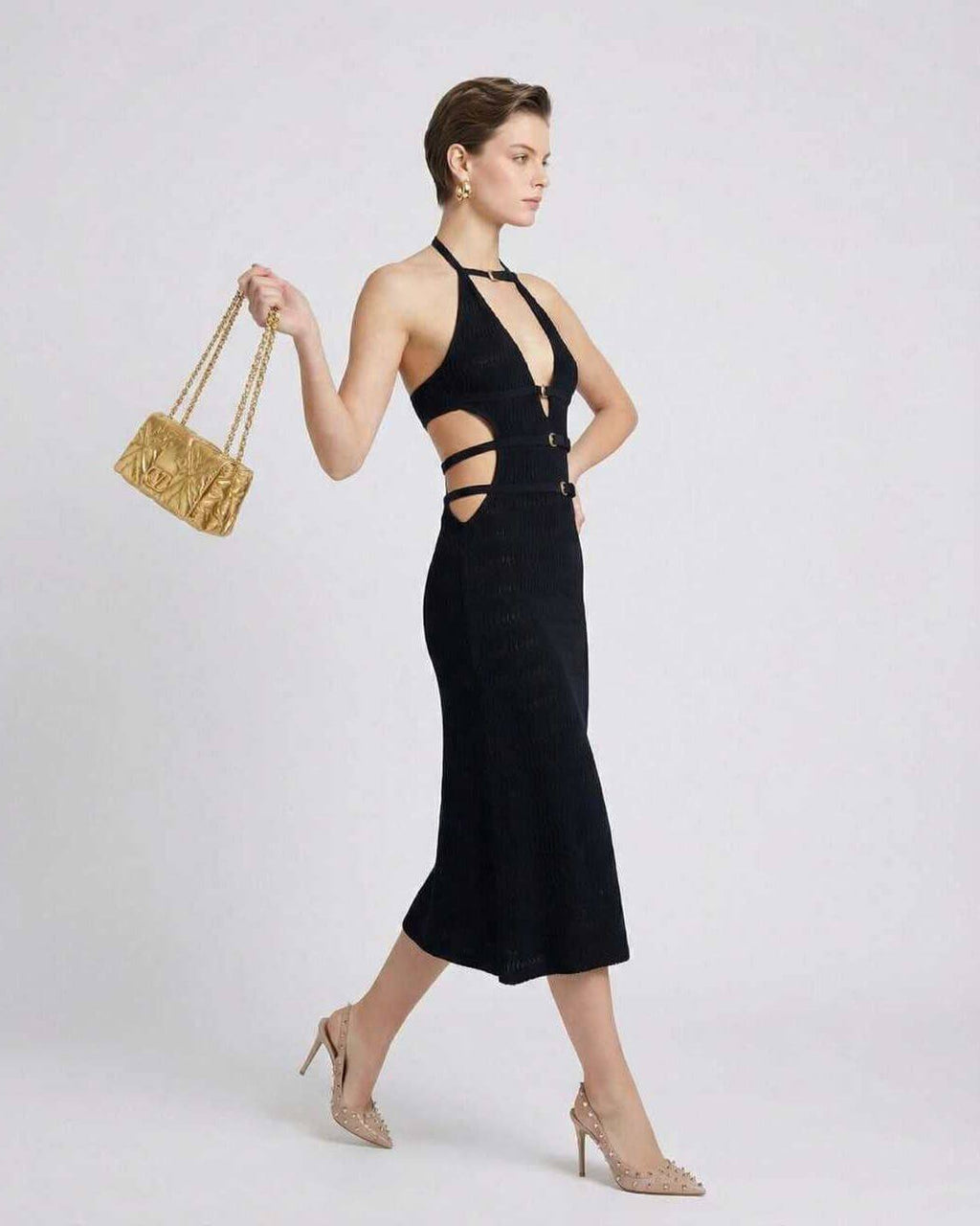 Nova Midi Dress by Lauven - Sleek black dress with V-neckline and A-line silhouette, perfect for evening events.