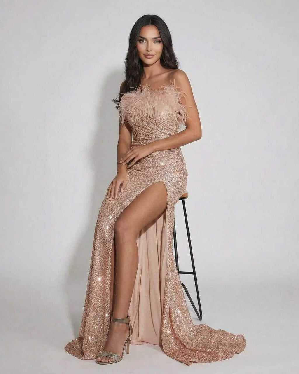 Blush Maxi Dress by Lauven, off the shoulder evening gown with sequins and feather detail, elegant and luxurious.