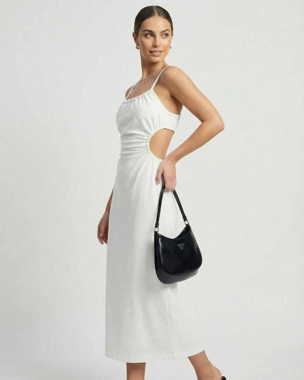 Celeste Midi Dress by Lauven featuring a stylish ruched design and backless detail, perfect for any occasion.