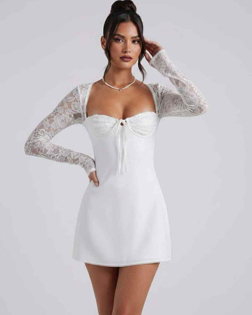 Noiré Mini Dress by Lauven — stretch long sleeve square neck fitted mini dress with lace sleeves