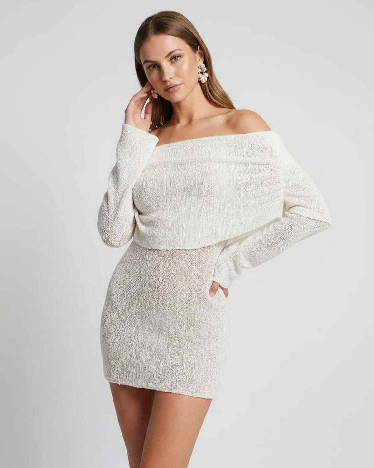 Elara Mini Dress by Lauven — textured knit long bell sleeve off-shoulder fitted mini dress