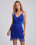 Lunara Mini Dress by Lauven — blue fringe sleeveless V-neck fitted mini dress with straps