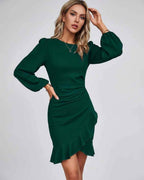 Virelle Mini Dress by Lauven — long sleeve round neck fitted mini dress with ruffle hem