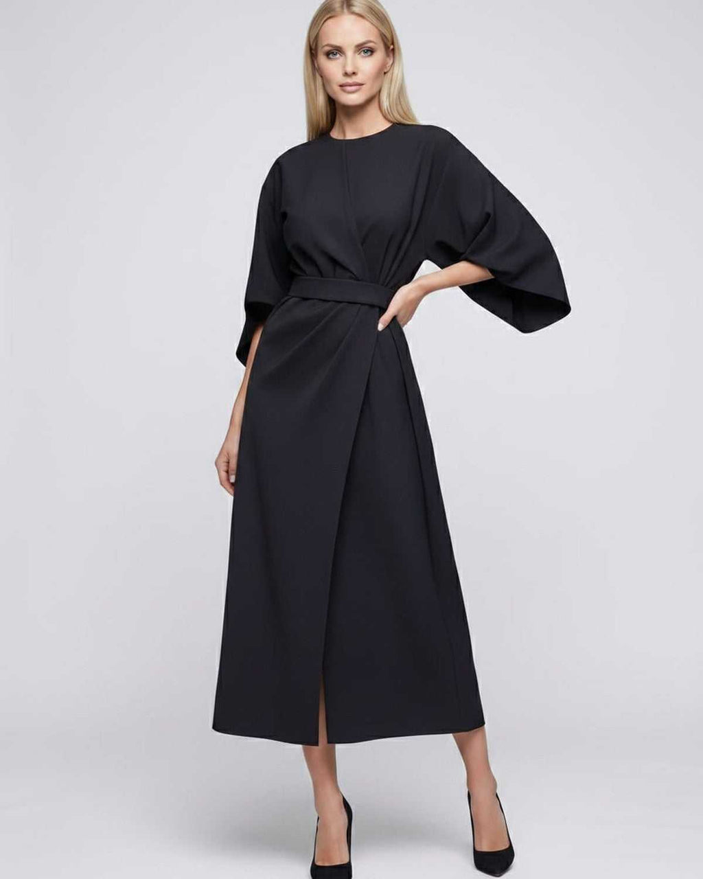 Celest Midi Dress by Lauven — breathable fabric lantern sleeve crew neck belted wrap midi dress