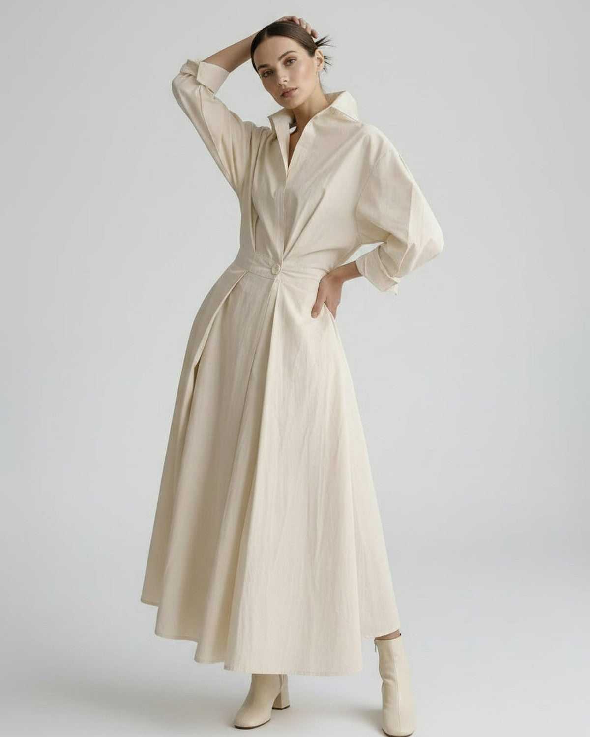 Aurelia Midi Dress by Lauven — breathable fabric long sleeve stand collar belted A-line midi dress