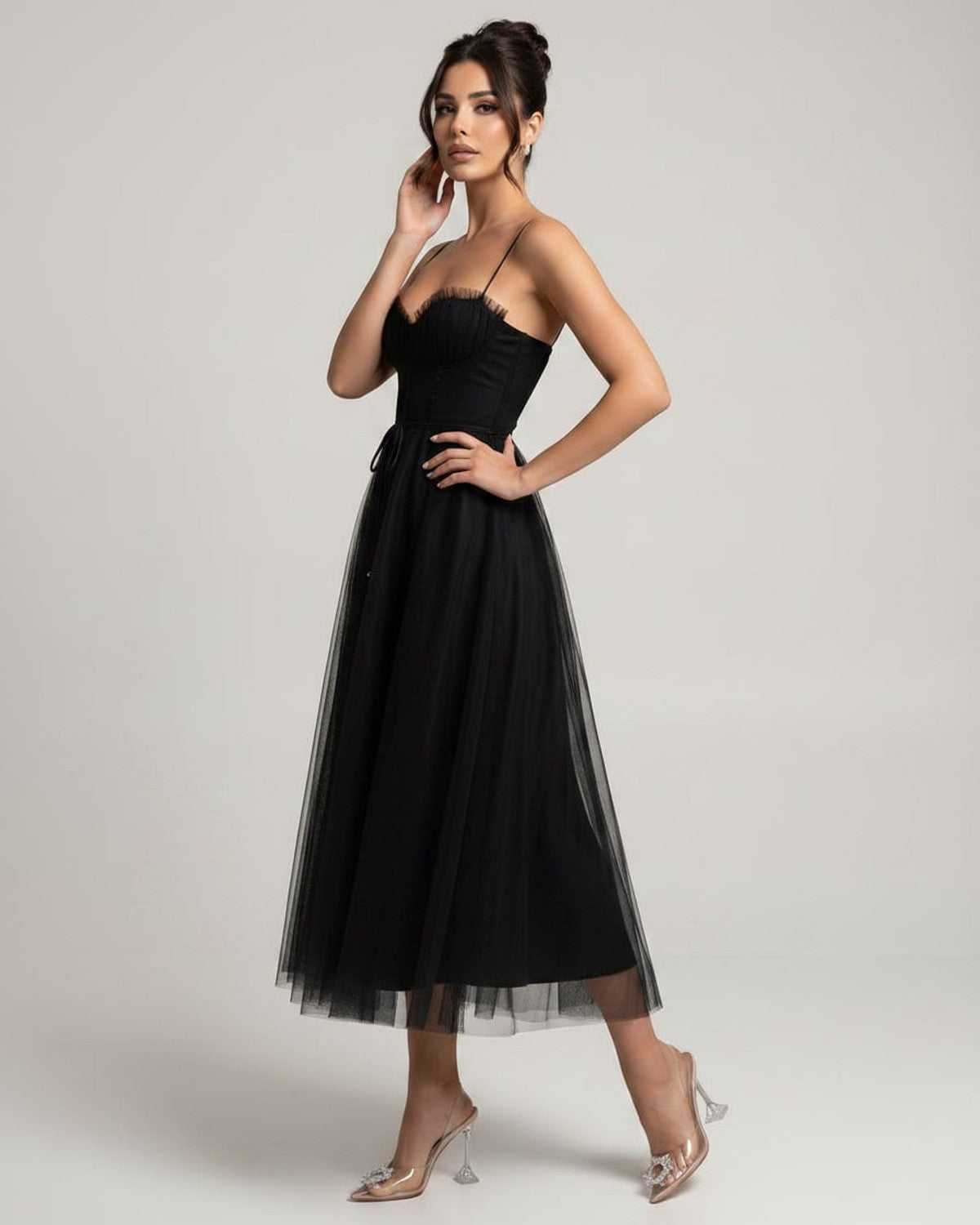Elara Midi Dress by Lauven — tulle sleeveless sweetheart neck structured bodice midi dress