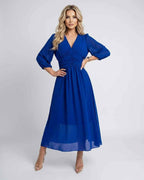 Veloura Midi Dress by Lauven — lightweight chiffon three quarter sleeve v neck A-line midi dress