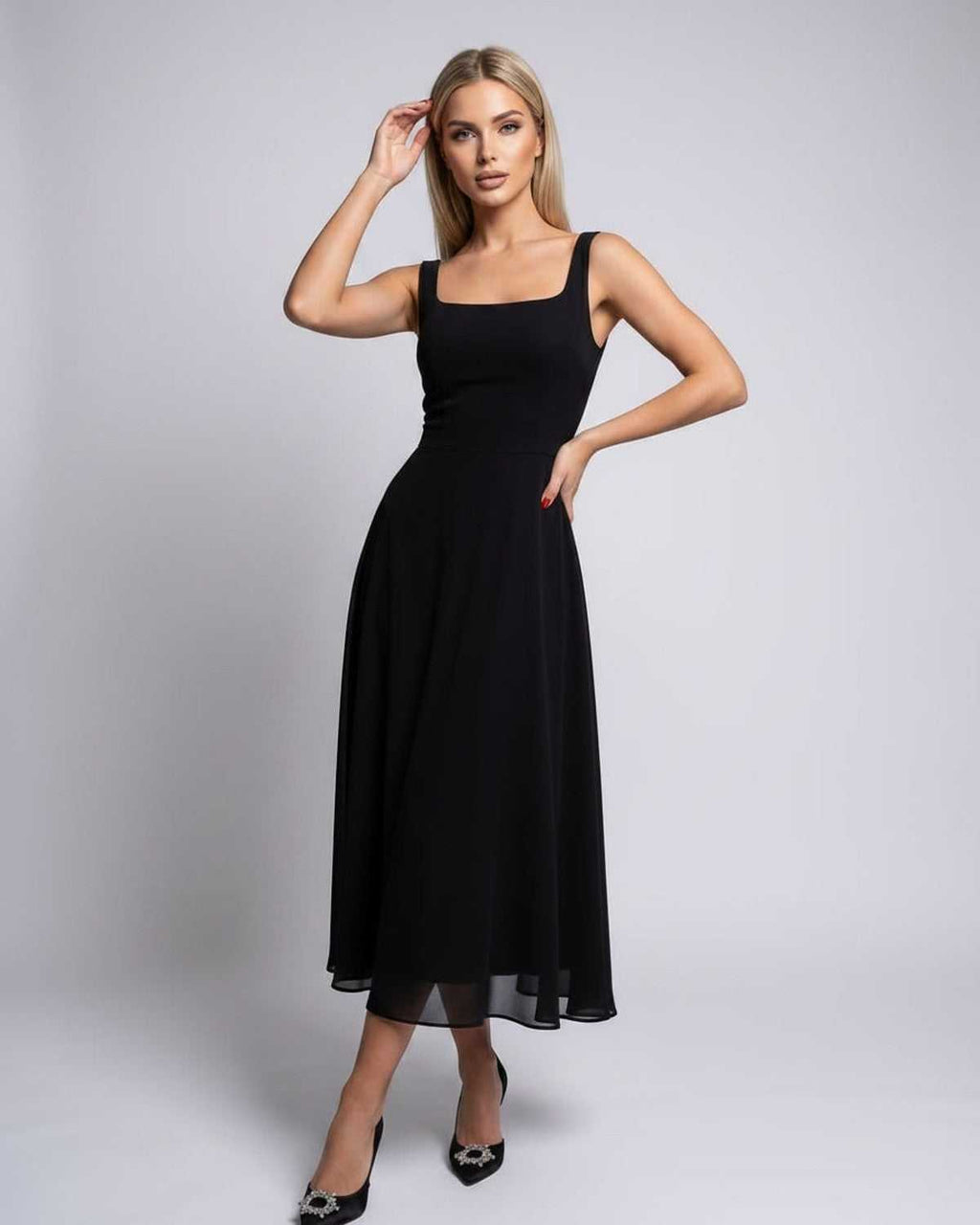 Lunara Midi Dress by Lauven — lightweight chiffon sleeveless square neck A-line midi dress