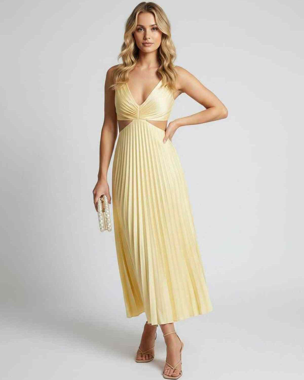 Lunara Midi Dress by Lauven — satin sleeveless V-neck flowing pleated midi dress