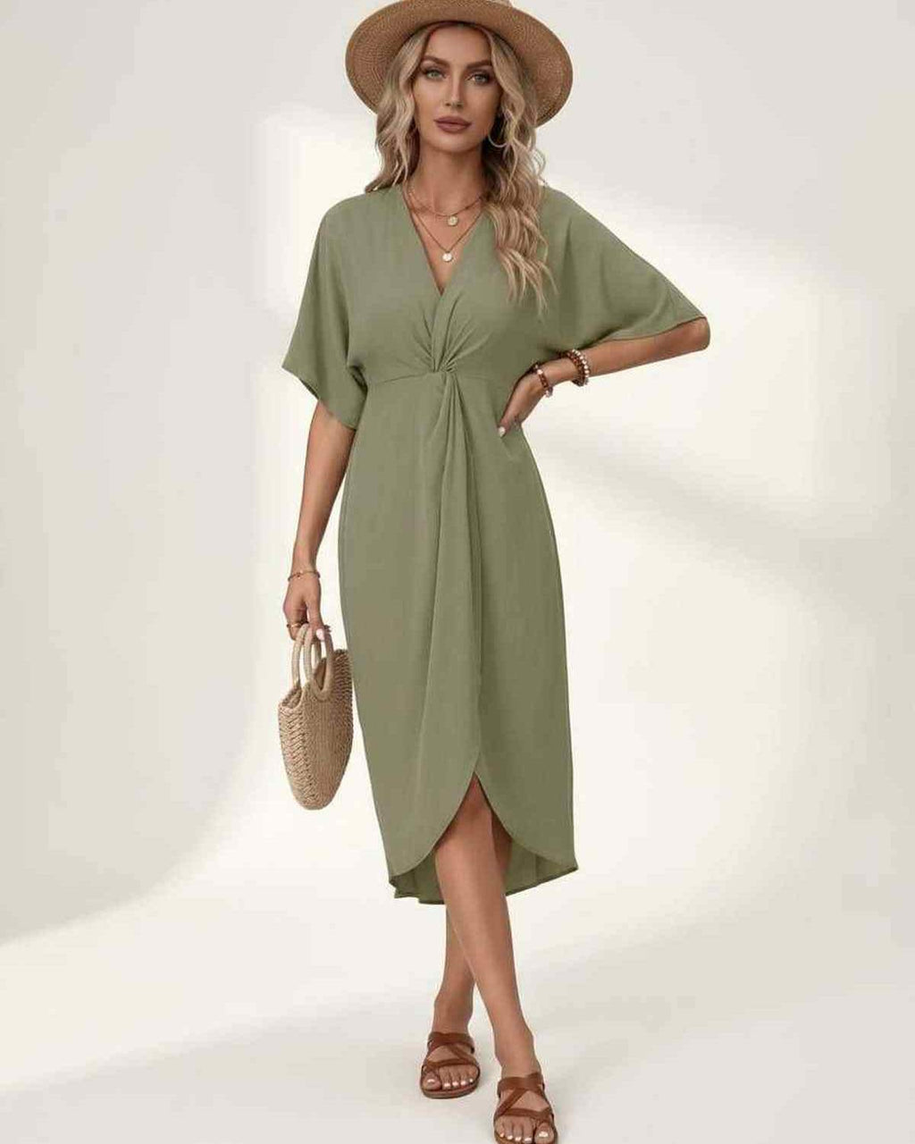 Elara Midi Dress by Lauven — premium short sleeve V-neck wrap style midi dress