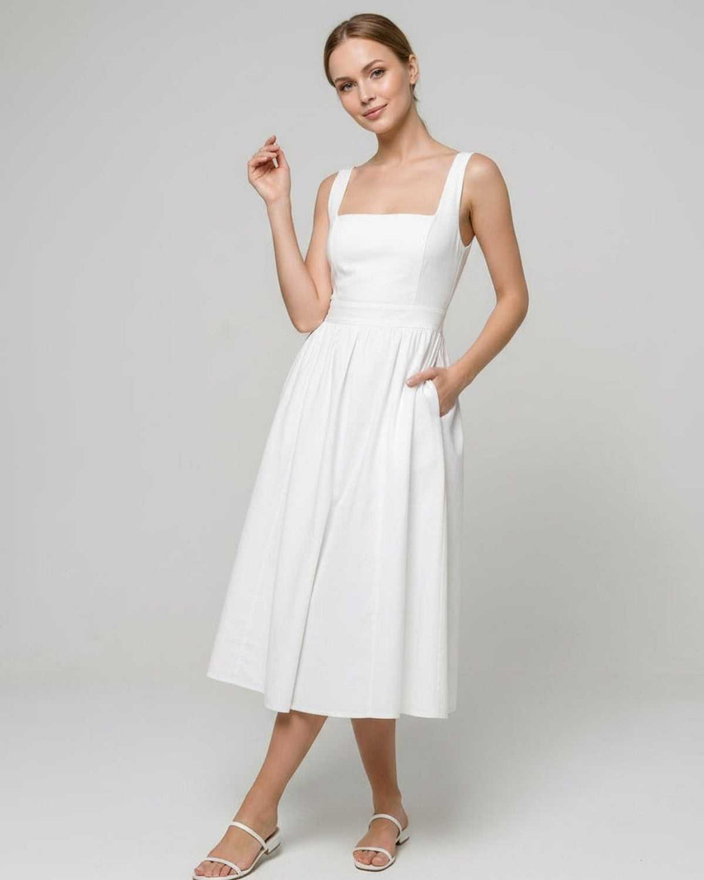 Aveline Midi Dress by Lauven — lightweight sleeveless square neck fit and flare midi dress