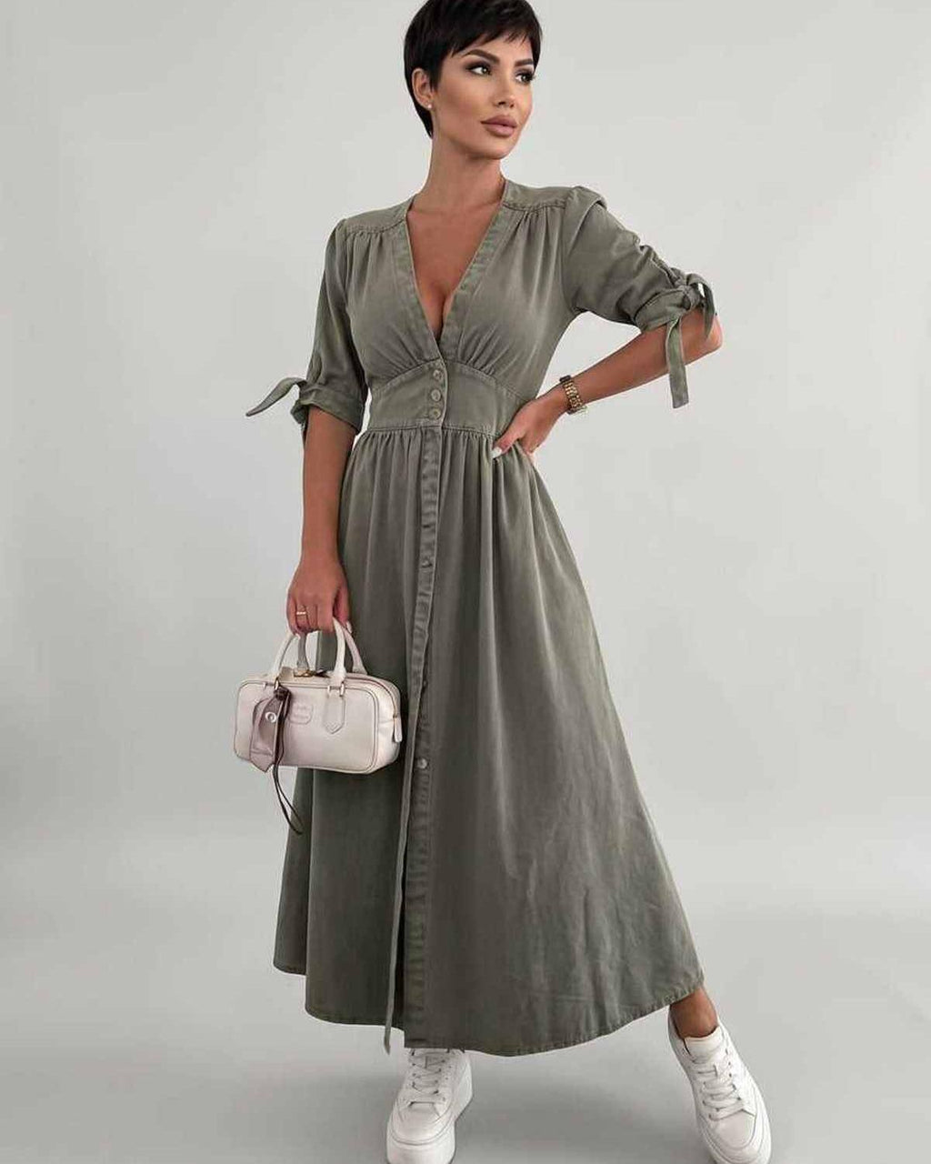 Eloria Midi Dress by Lauven — lightweight mid sleeve V-neck button front fit and flare midi dress