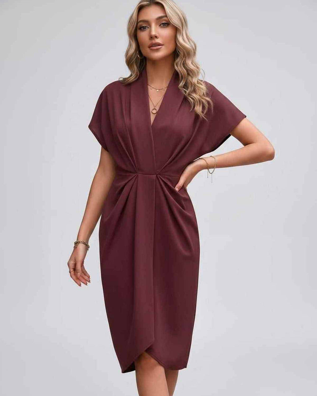 Veloura Midi Dress by Lauven — satin cap sleeve V-neck draped midi dress
