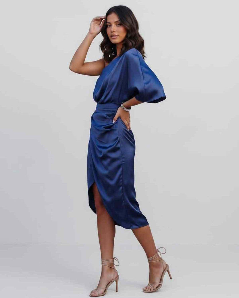 Veloura Midi Dress by Lauven — satin one shoulder draped midi dress with slit