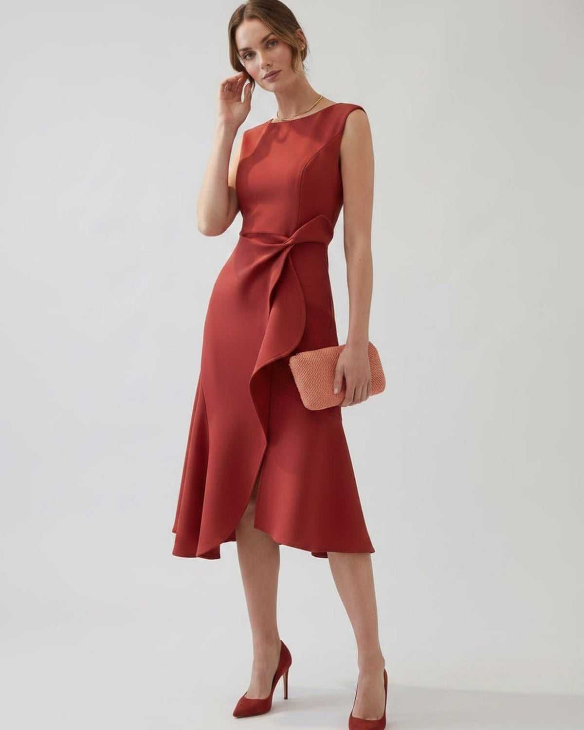 Serelune Midi Dress by Lauven — sleeveless satin midi dress with ruffle detail and fit flare silhouette