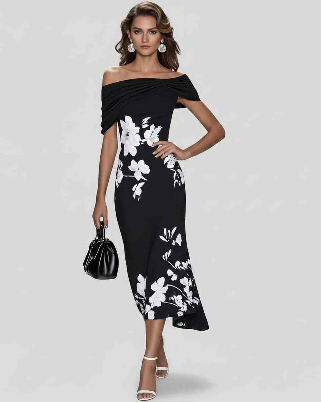 Veloura Midi Dress by Lauven — floral off shoulder satin midi dress with draped sleeves