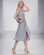 Seralyn Midi Dress by Lauven — halter sleeveless wrap midi dress with tie waist and front slit