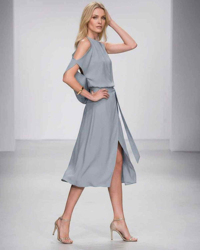 Seralyn Midi Dress by Lauven — halter sleeveless wrap midi dress with tie waist and front slit